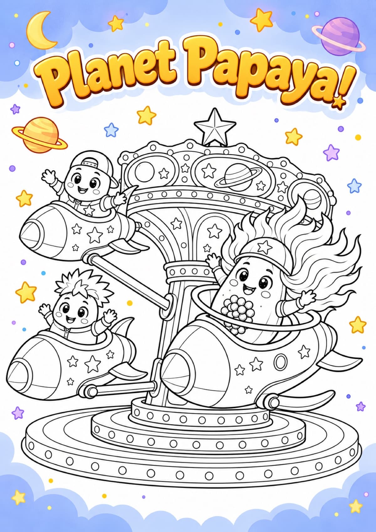 Coloring page of Planet Papaya and friends waving from rocket ships on a carousel, with a colored starry border