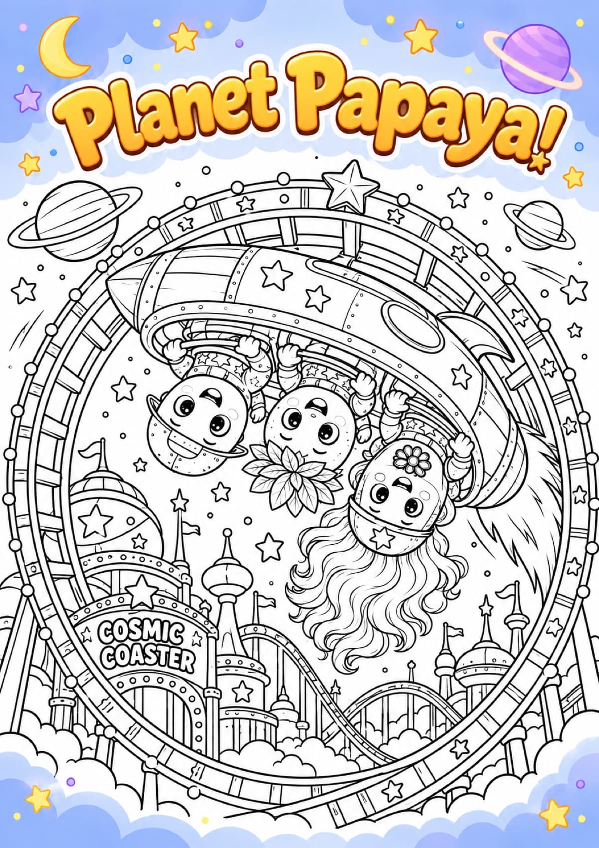 Coloring page of Planet Papaya and friends upside down in a rocket on the Cosmic Coaster loop, with a colored starry border